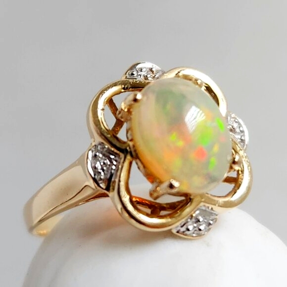 14K Gold Signed -Clear- Natural Genuine High Grade Australian Opal Ring Sz 7 - Picture 7 of 15